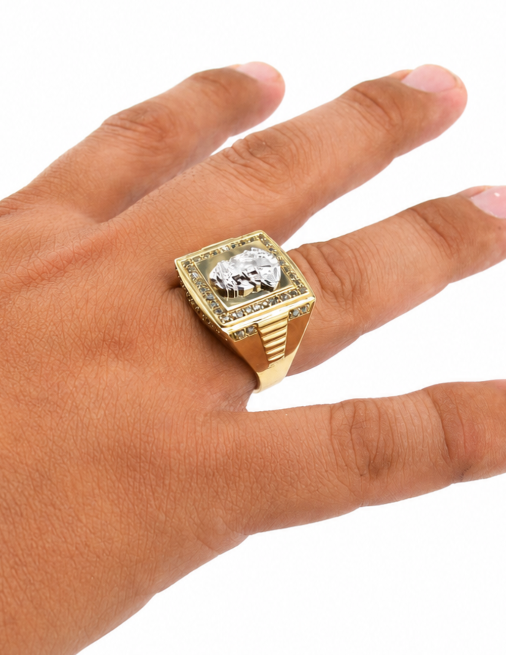10K Yellow Gold Men’s Jesus Christ Cubic Zirconia Italian Fancy Ring