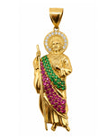 10K Saint Jude Thaddeus Pendant with Green, White & Fuchsia CZ – 2.5 Inch Religious Gold Pendant