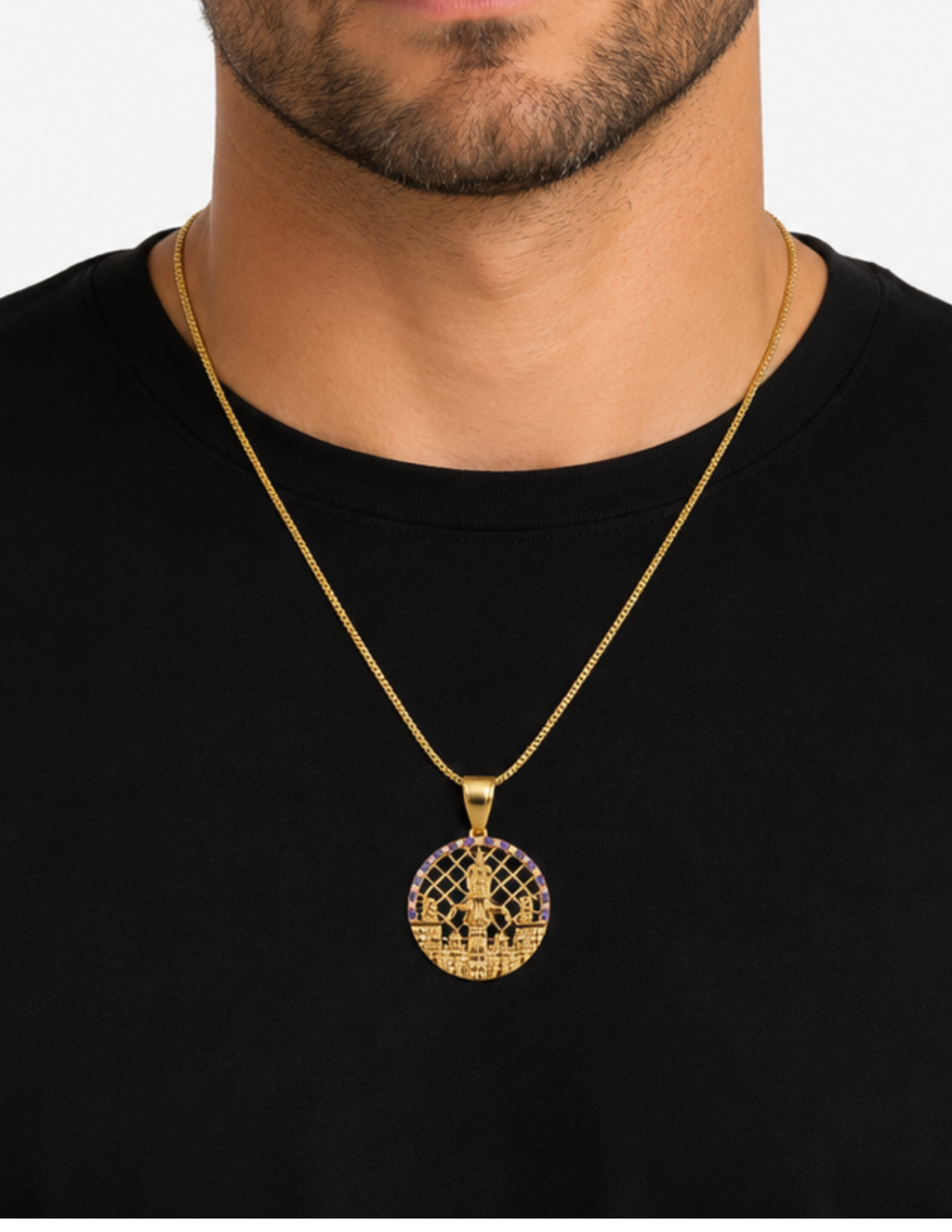 10K San Lázaro Round Purple and White CZ Yellow Gold  Medallion Pendant – 1 Inch
