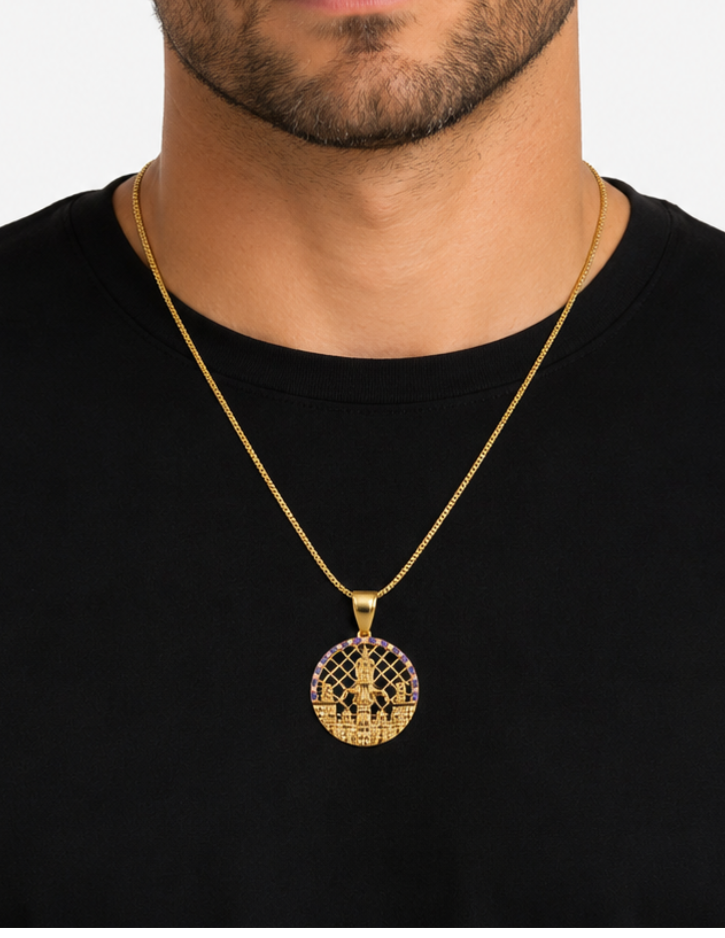 10K San Lázaro Round Purple and White CZ Yellow Gold  Medallion Pendant – 1 Inch