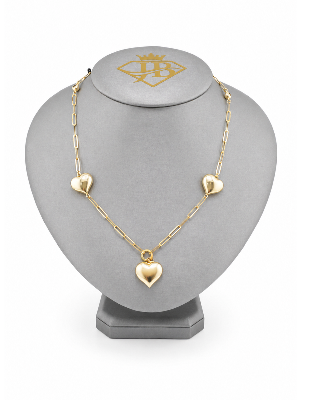 10K Yellow Gold Women’s Three Puffy Heart Paperclip Necklace 3mm 16 Inch