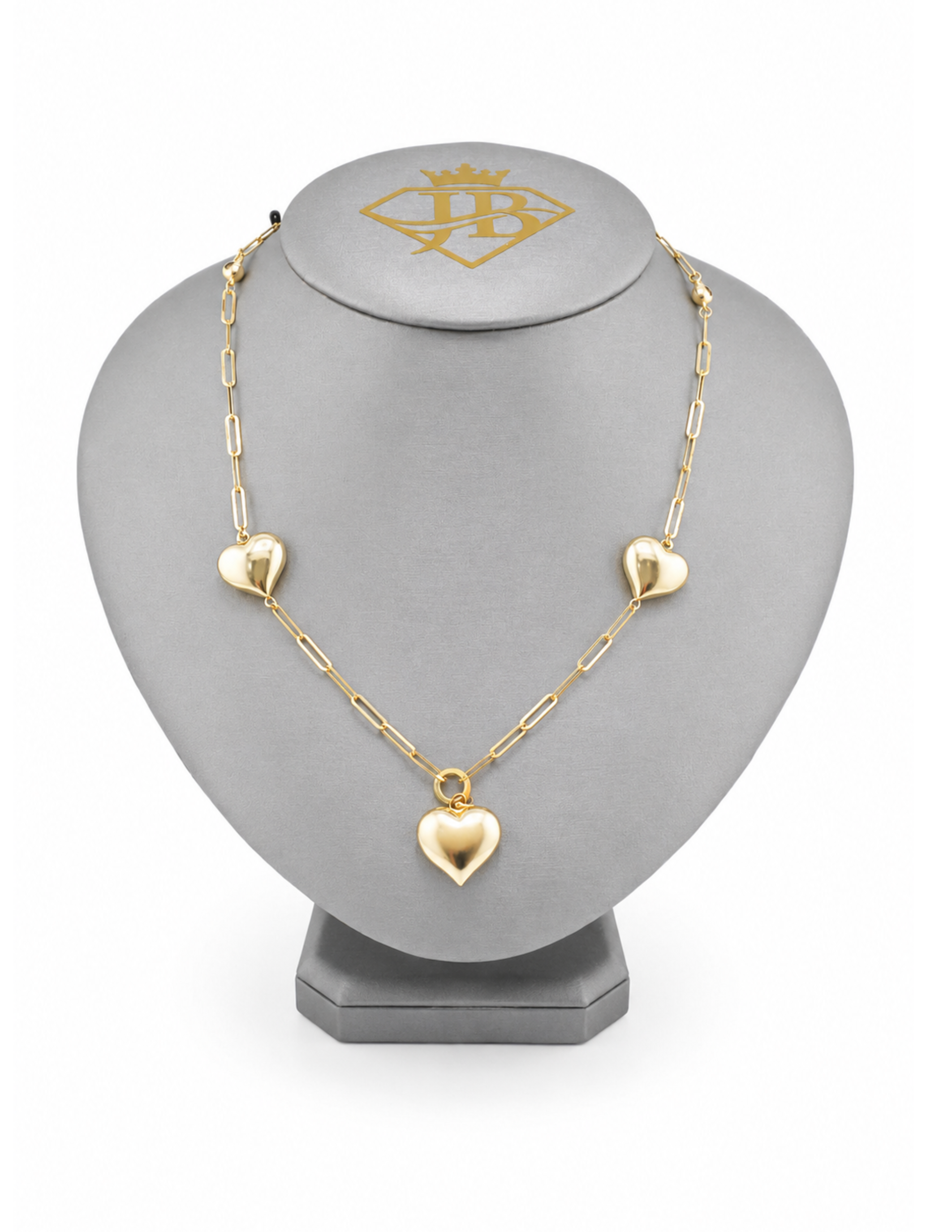 10K Yellow Gold Women’s Three Puffy Heart Paperclip Necklace 3mm 16 Inch