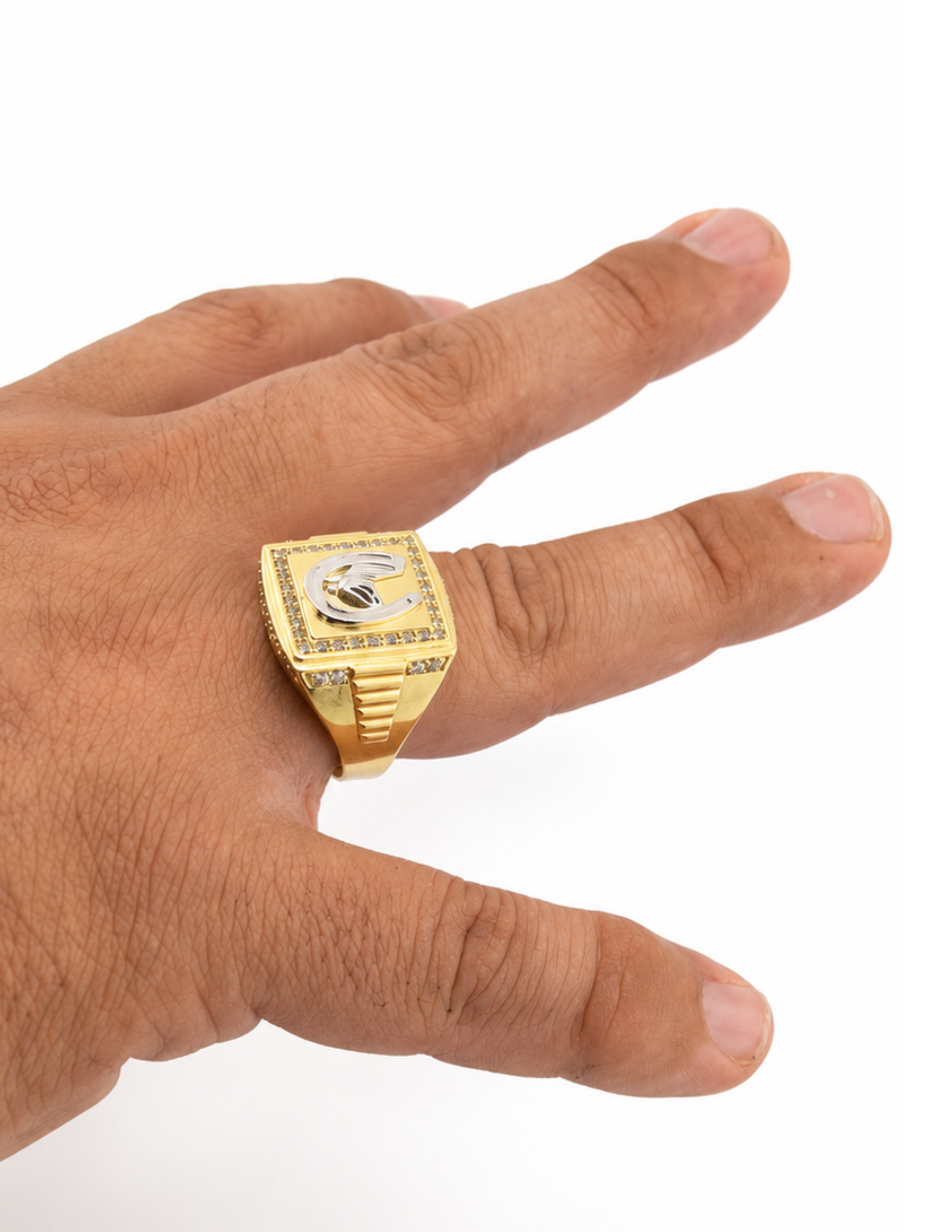 10K Yellow Gold Men’s Italian Fancy Horse & Horseshoe Cubic Zirconia Ring