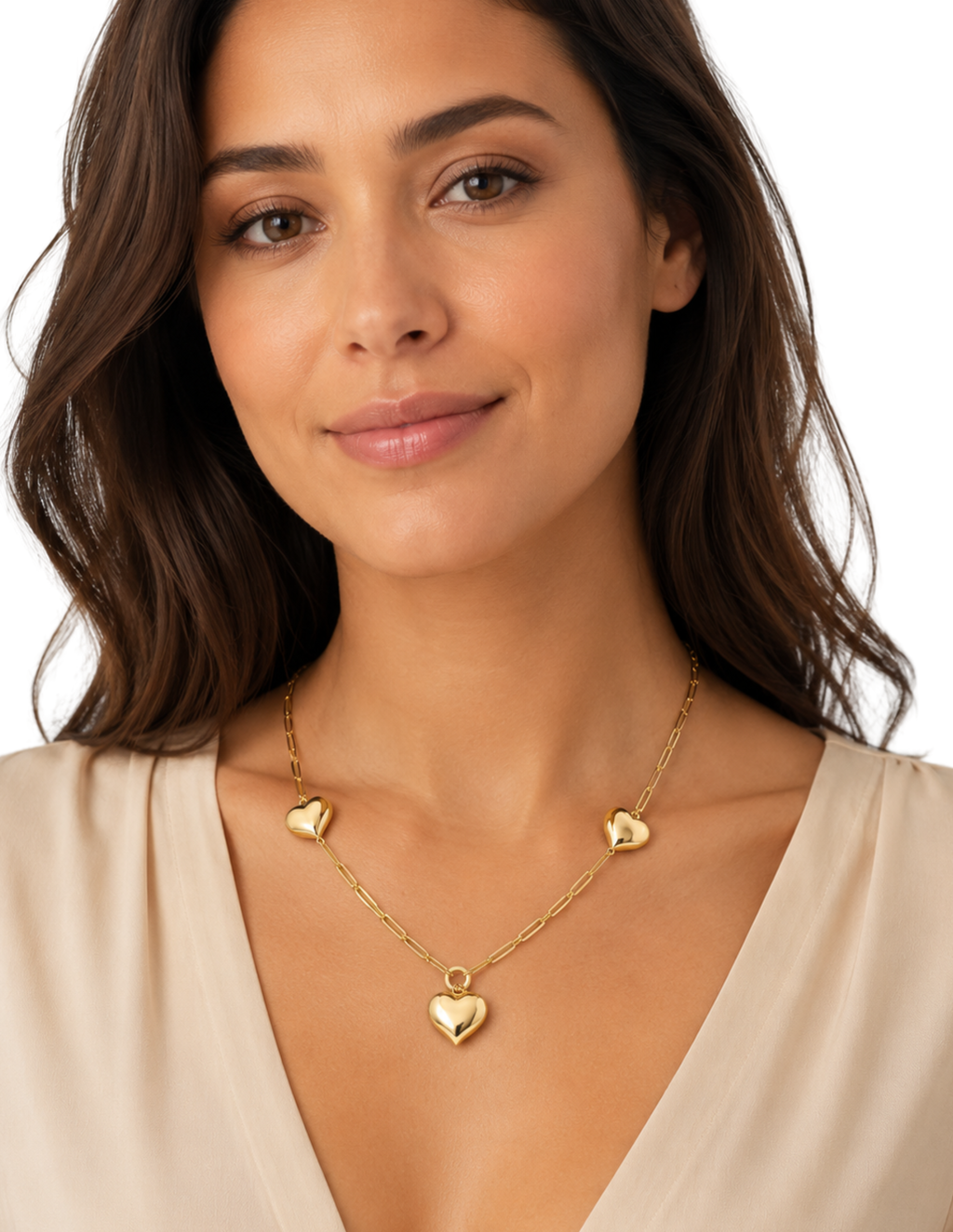 10K Yellow Gold Women’s Three Puffy Heart Paperclip Necklace 3mm 16 Inch