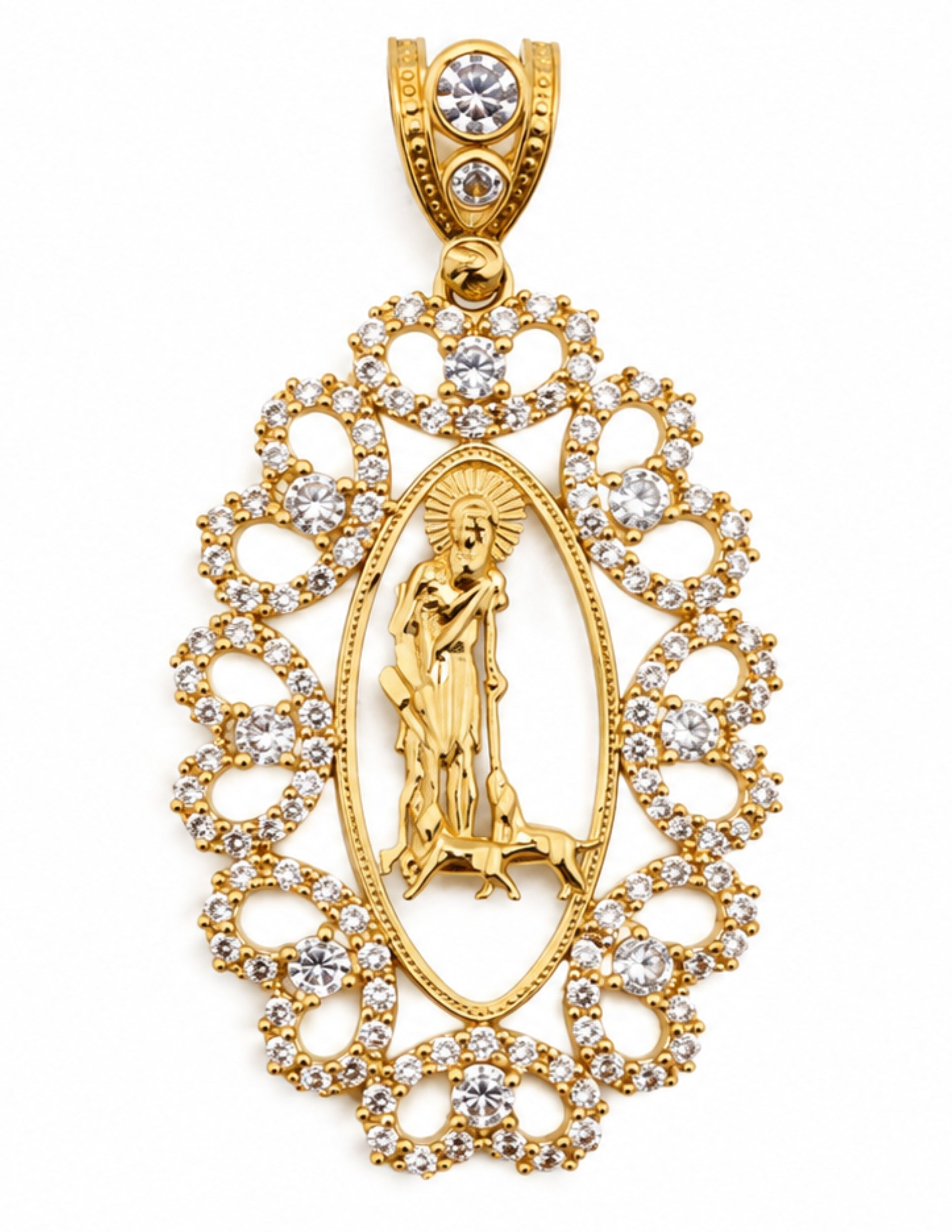 10K San Lázaro Saint Lazarus CZ Pendant with Dogs – 2 1/8 in