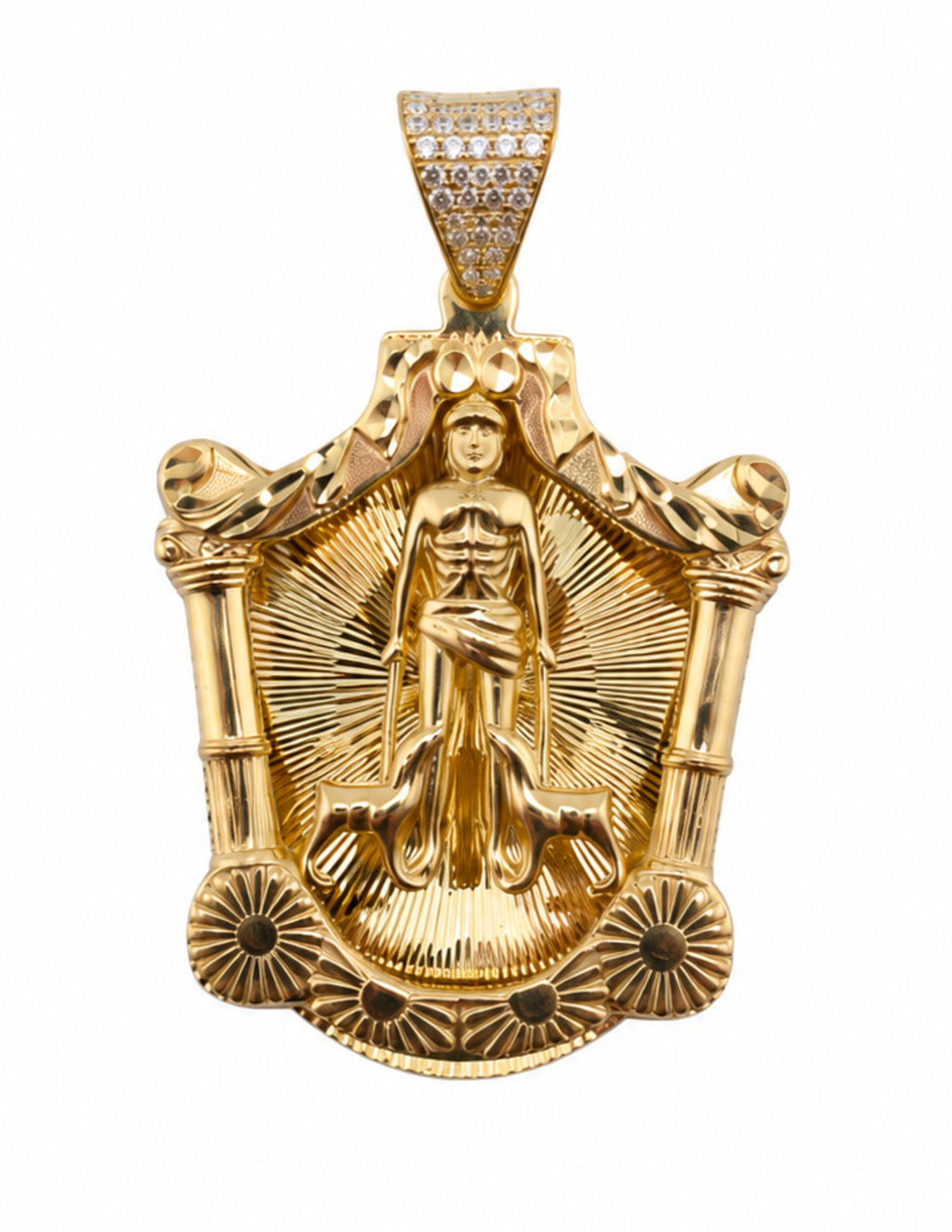 10K 3D San Lázaro Pendant Yellow Gold with CZ Diamond-Cut Finish – 2 1/4 Inch