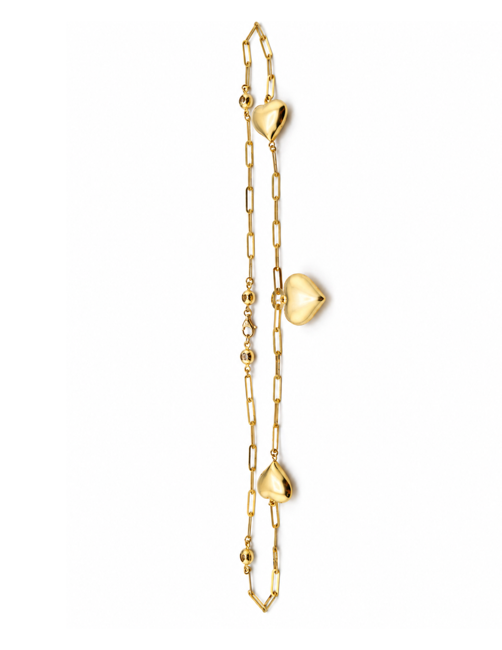 10K Yellow Gold Women’s Three Puffy Heart Paperclip Necklace 3mm 16 Inch