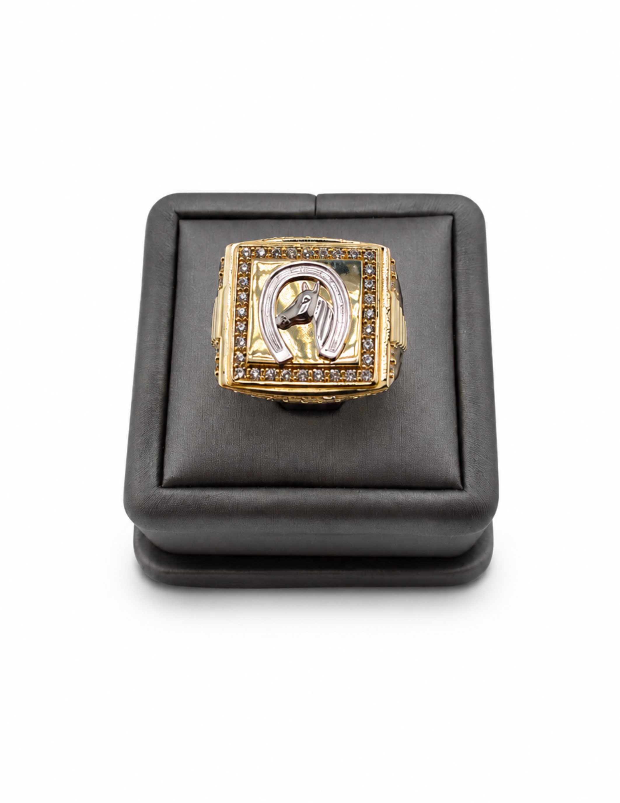 10K Yellow Gold Men’s Italian Fancy Horse & Horseshoe Cubic Zirconia Ring