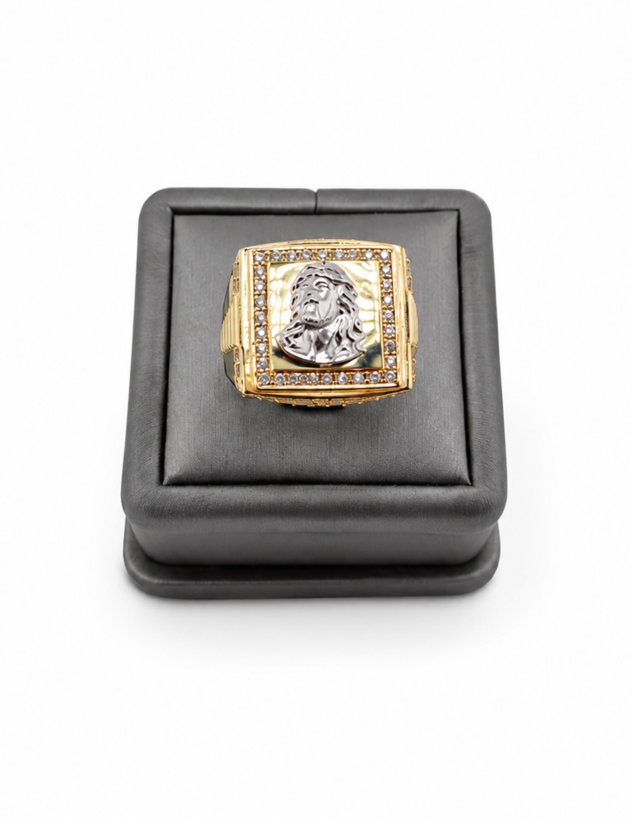 10K Yellow Gold Men’s Jesus Christ Cubic Zirconia Italian Fancy Ring