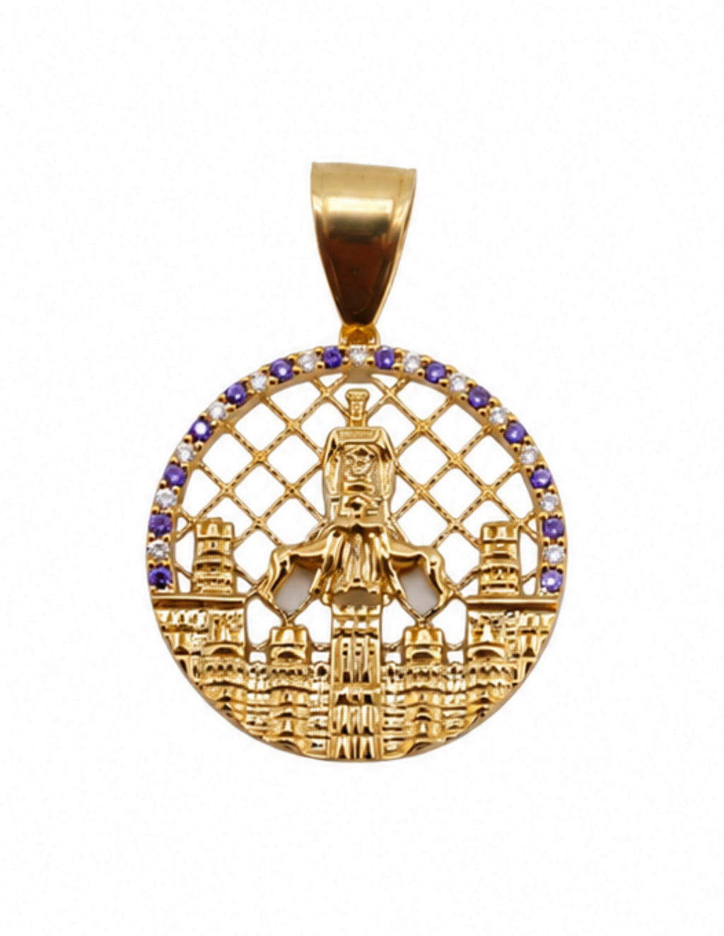 10K San Lázaro Round Purple and White CZ Yellow Gold  Medallion Pendant – 1 Inch