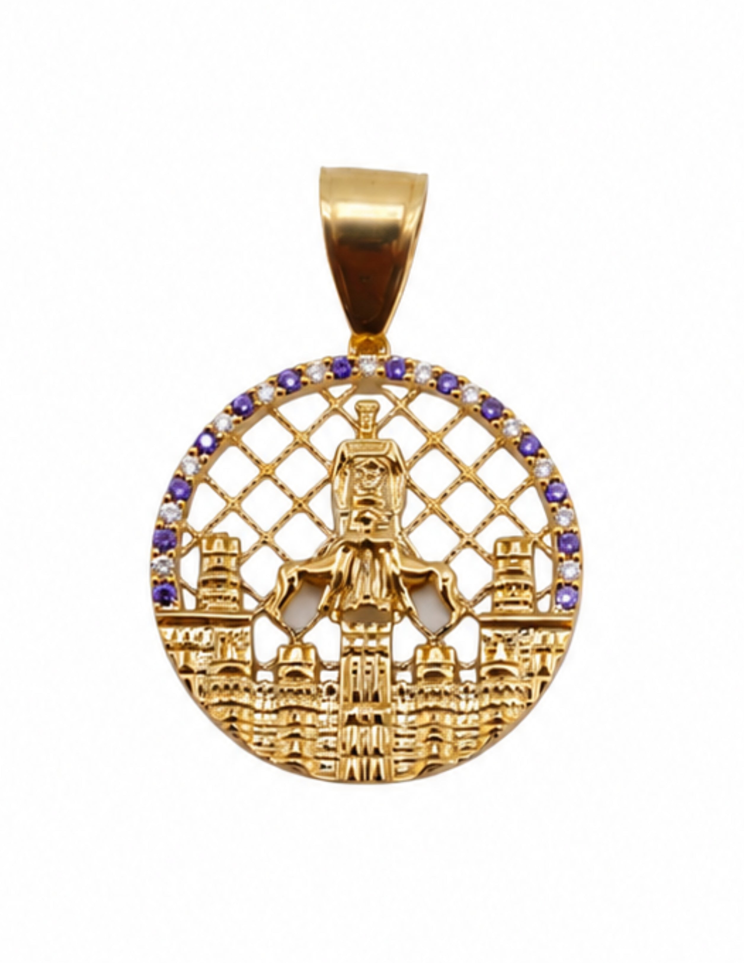 10K San Lázaro Round Purple and White CZ Yellow Gold  Medallion Pendant – 1 Inch
