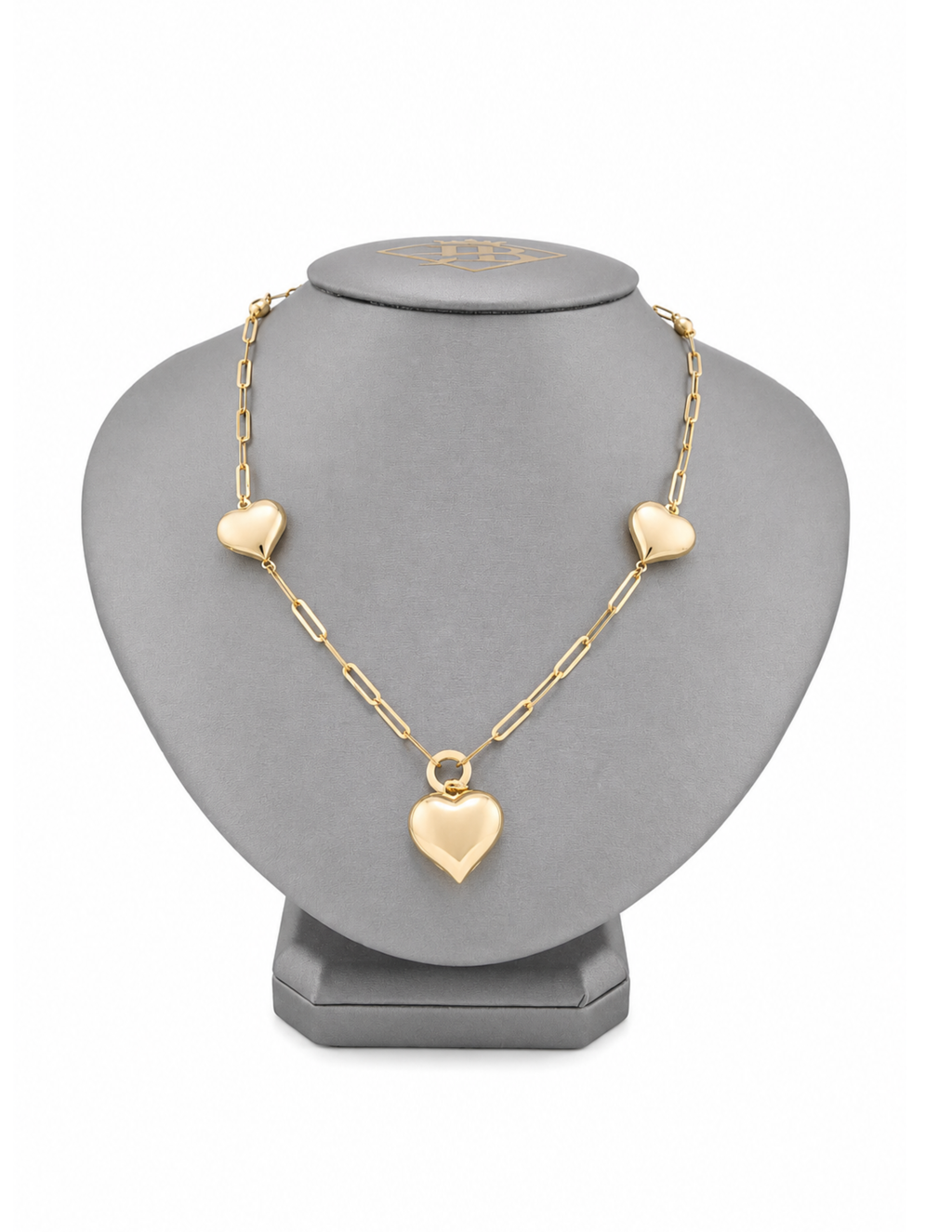 10K Yellow Gold Women’s Three Puffy Heart Paperclip Necklace 3mm 16 Inch