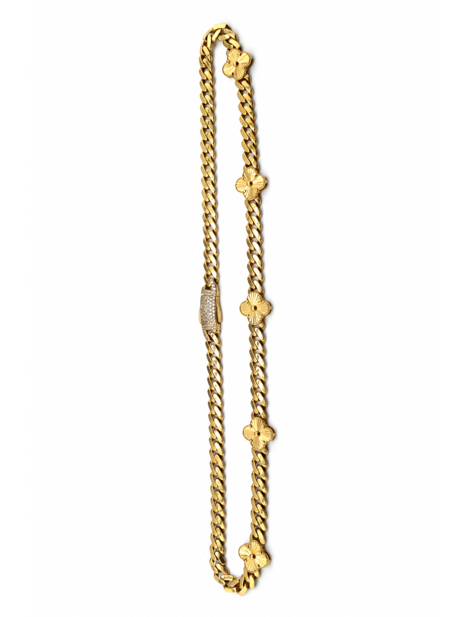 10K Monaco-Style Clover Necklace Cuban Link Yellow Gold Women’s Hollow Chain 6mm