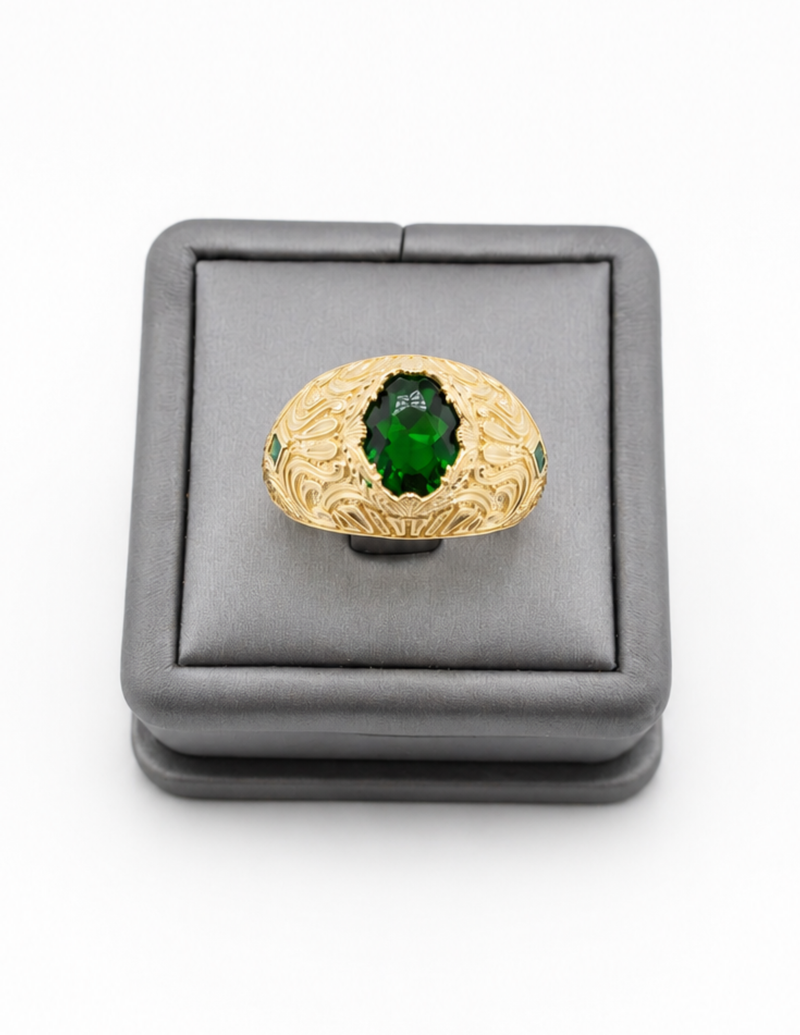 10K Oval Colored Stone Signet Rings Yellow Gold Ornate Engraved Men’s Statement Ring