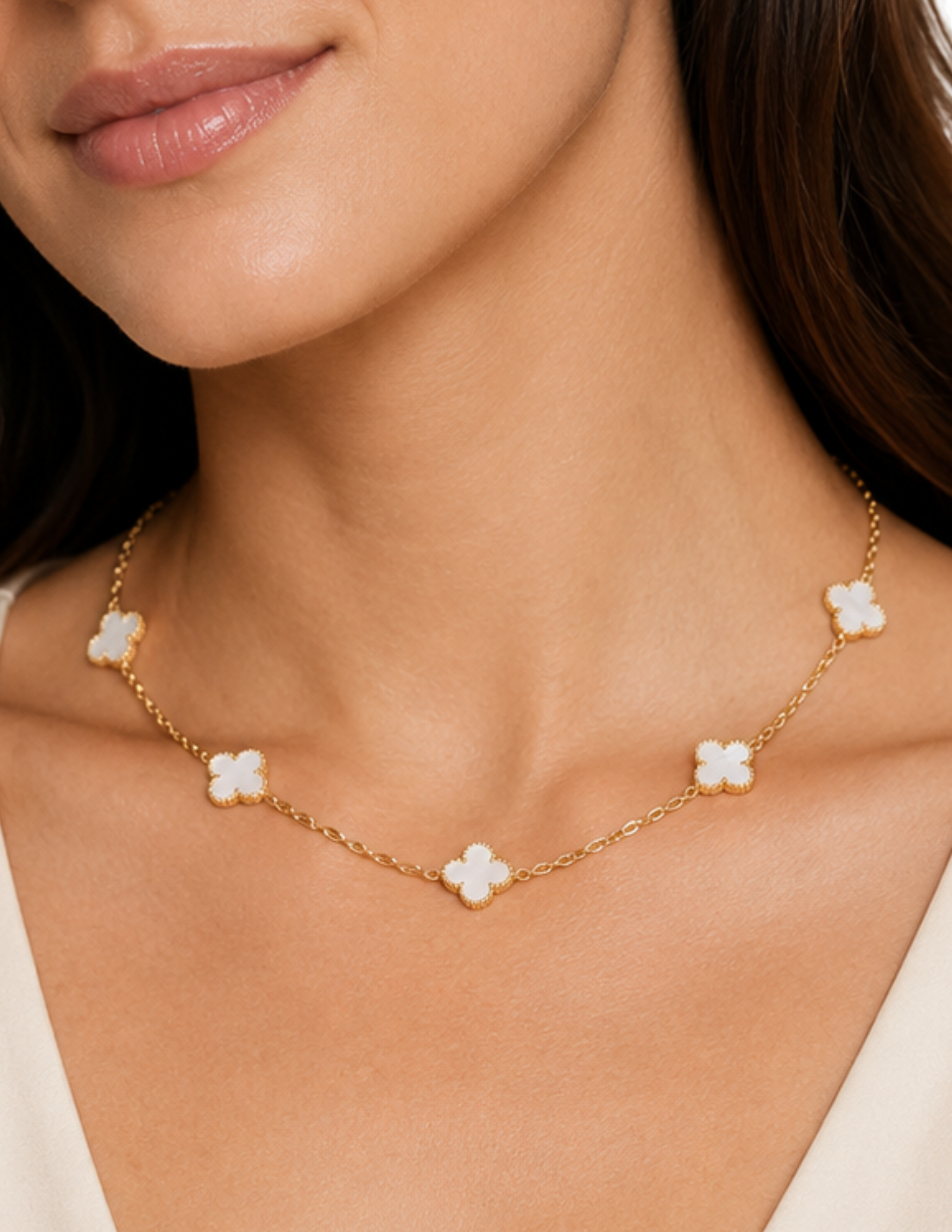 10K Seven Clover Station Necklace Yellow Gold 17 Inch 2mm Chain