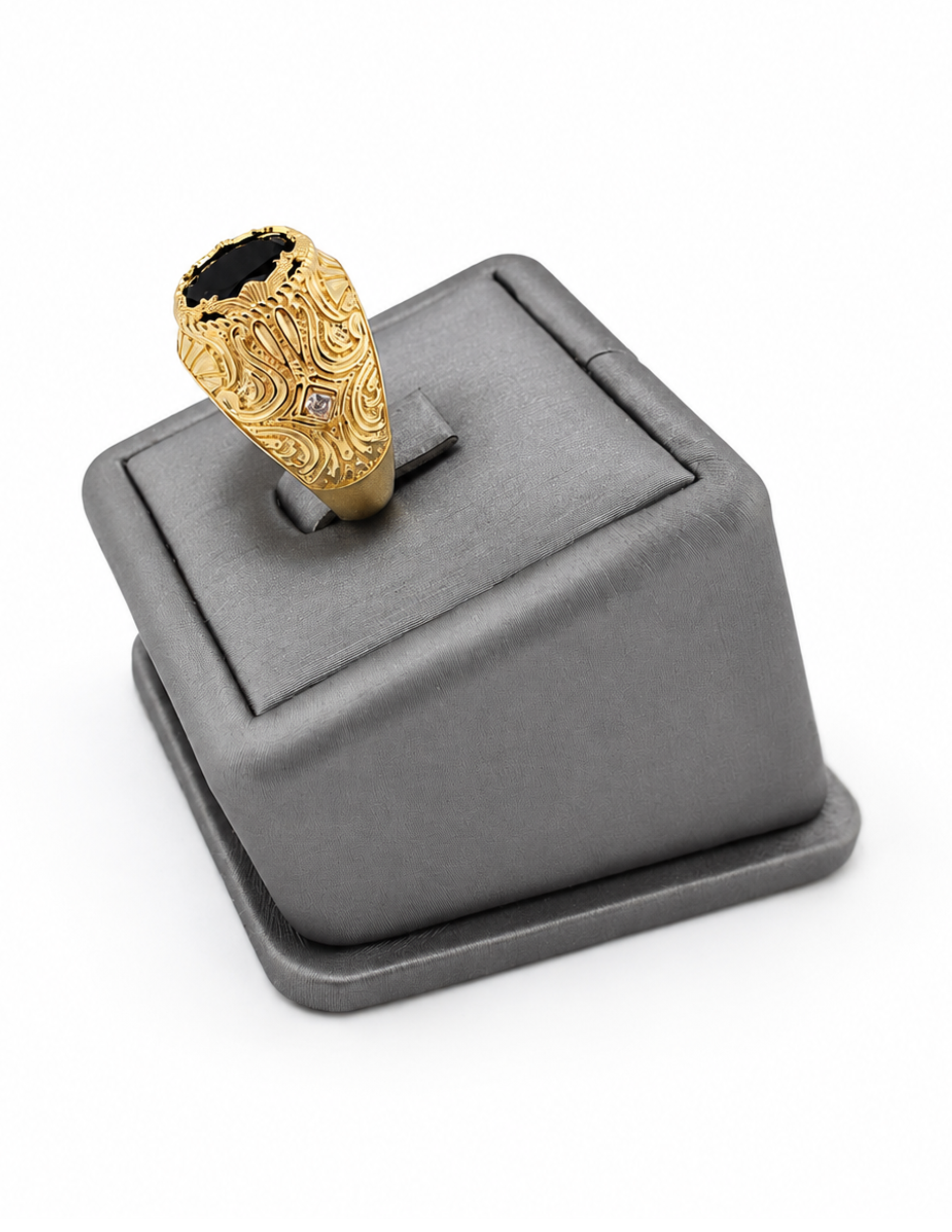 10K Oval Colored Stone Signet Rings Yellow Gold Ornate Engraved Men’s Statement Ring