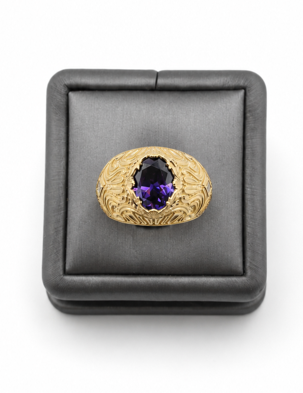 10K Oval Colored Stone Signet Rings Yellow Gold Ornate Engraved Men’s Statement Ring