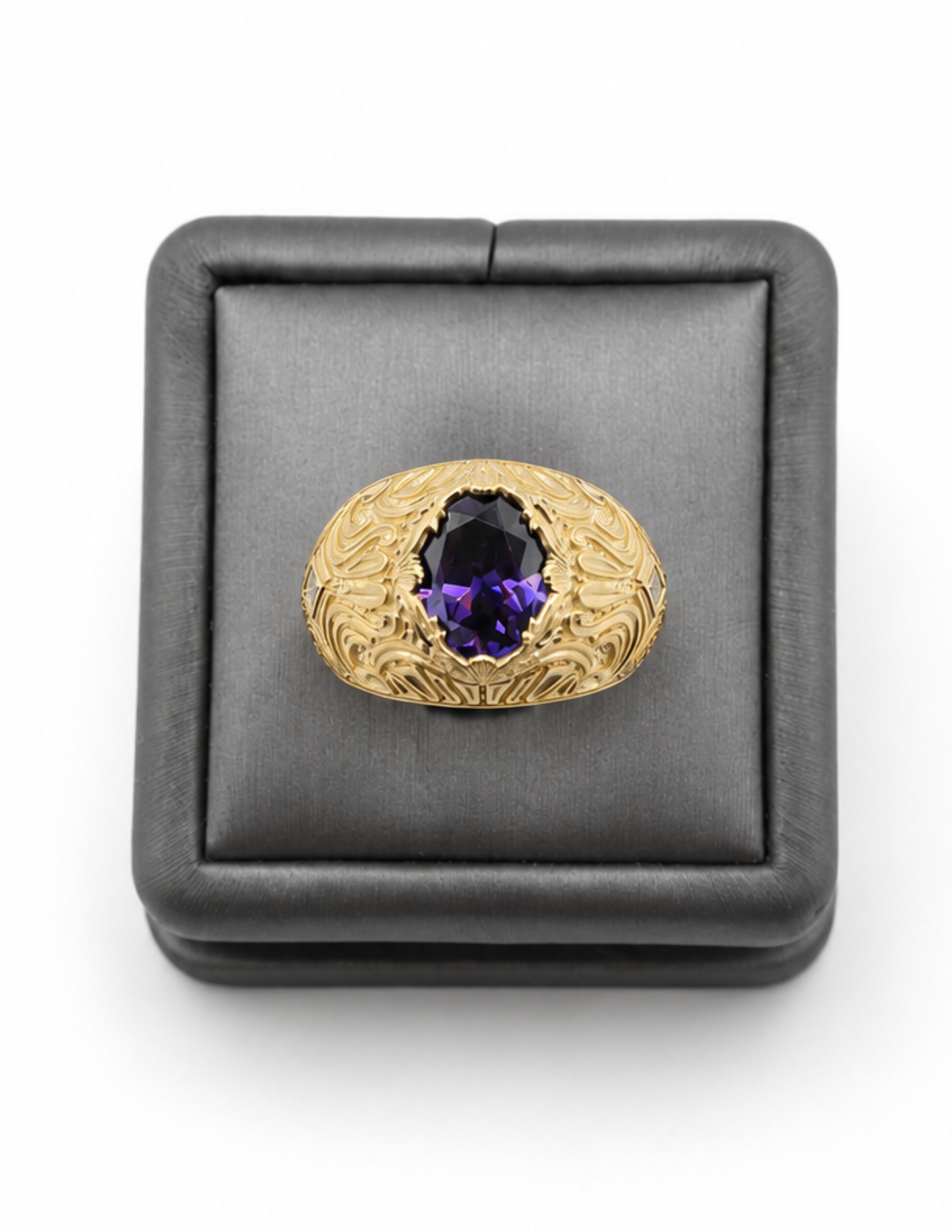 10K Oval Colored Stone Signet Rings Yellow Gold Ornate Engraved Men’s Statement Ring