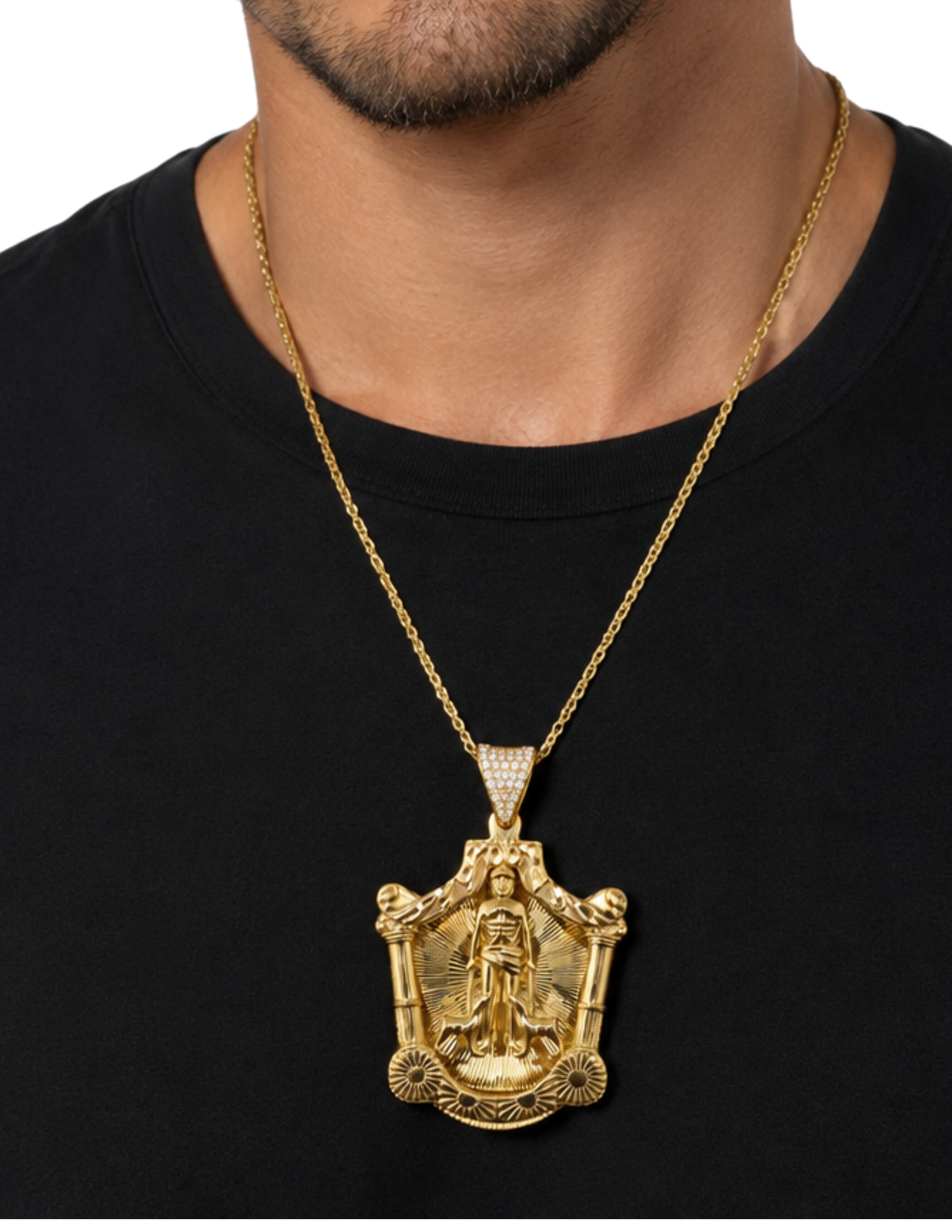 10K 3D San Lázaro Pendant Yellow Gold with CZ Diamond-Cut Finish – 2 1/4 Inch