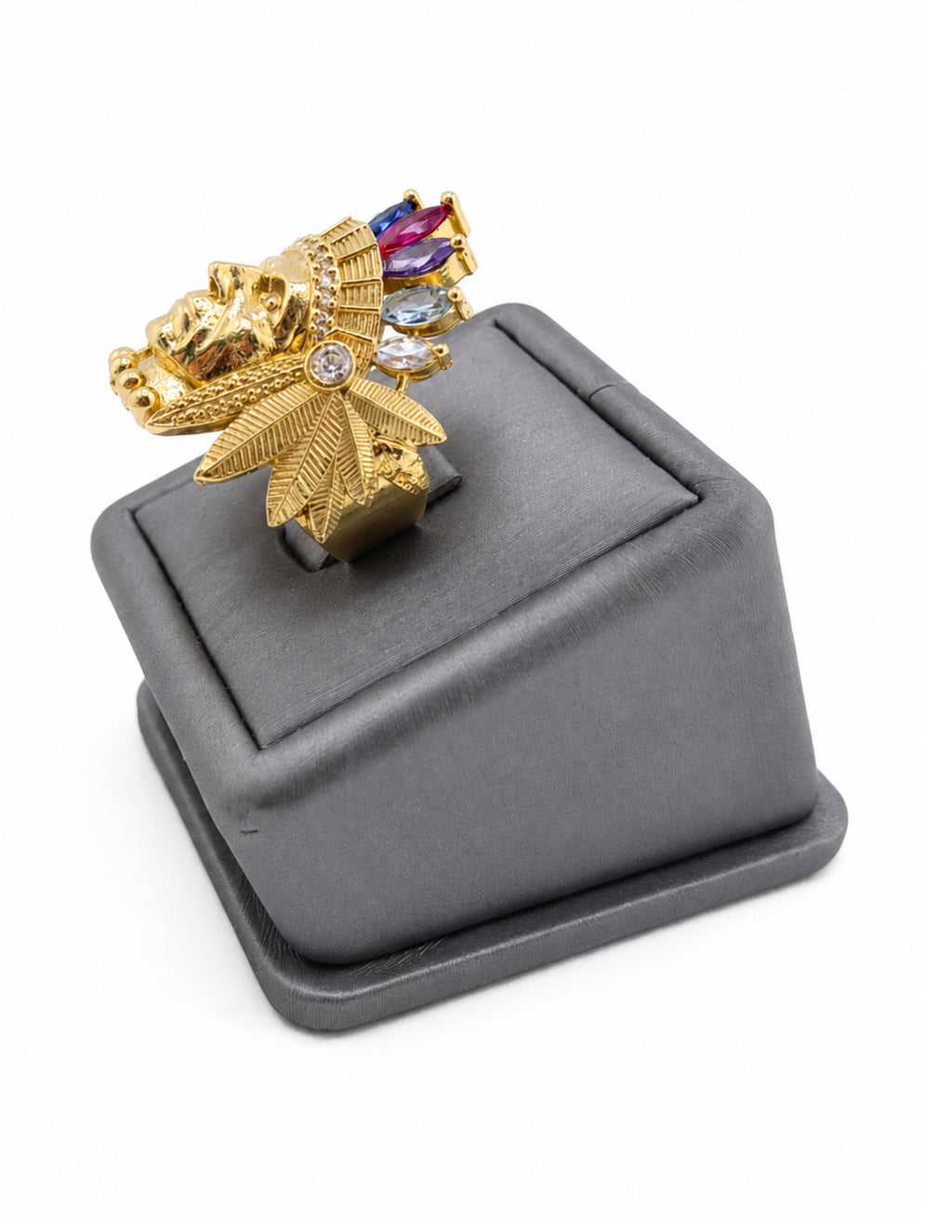 10K Chief Head Statement Ring with Multicolor Headdress Stones Size 10.5