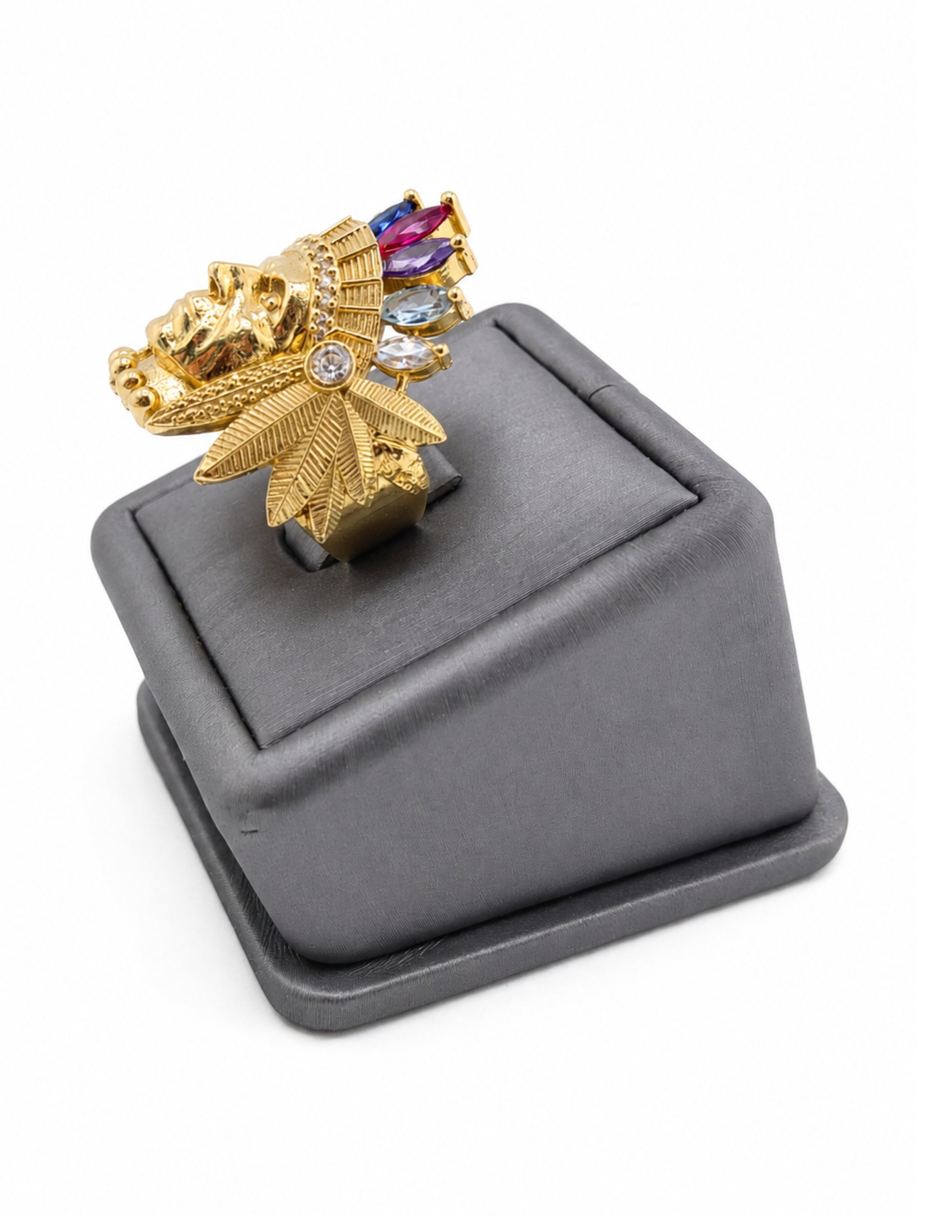 10K Chief Head Statement Ring with Multicolor Headdress Stones Size 10.5