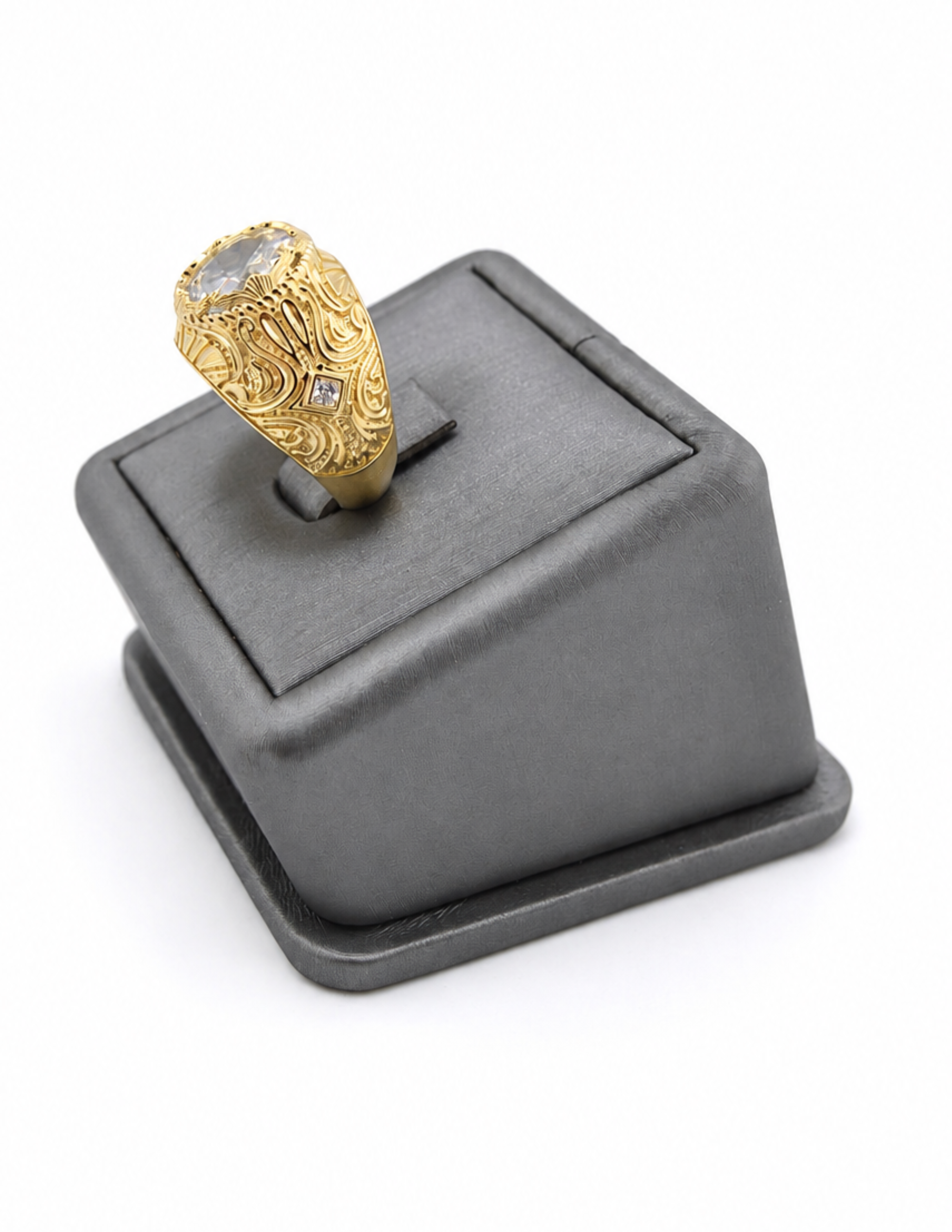 10K Oval Colored Stone Signet Rings Yellow Gold Ornate Engraved Men’s Statement Ring